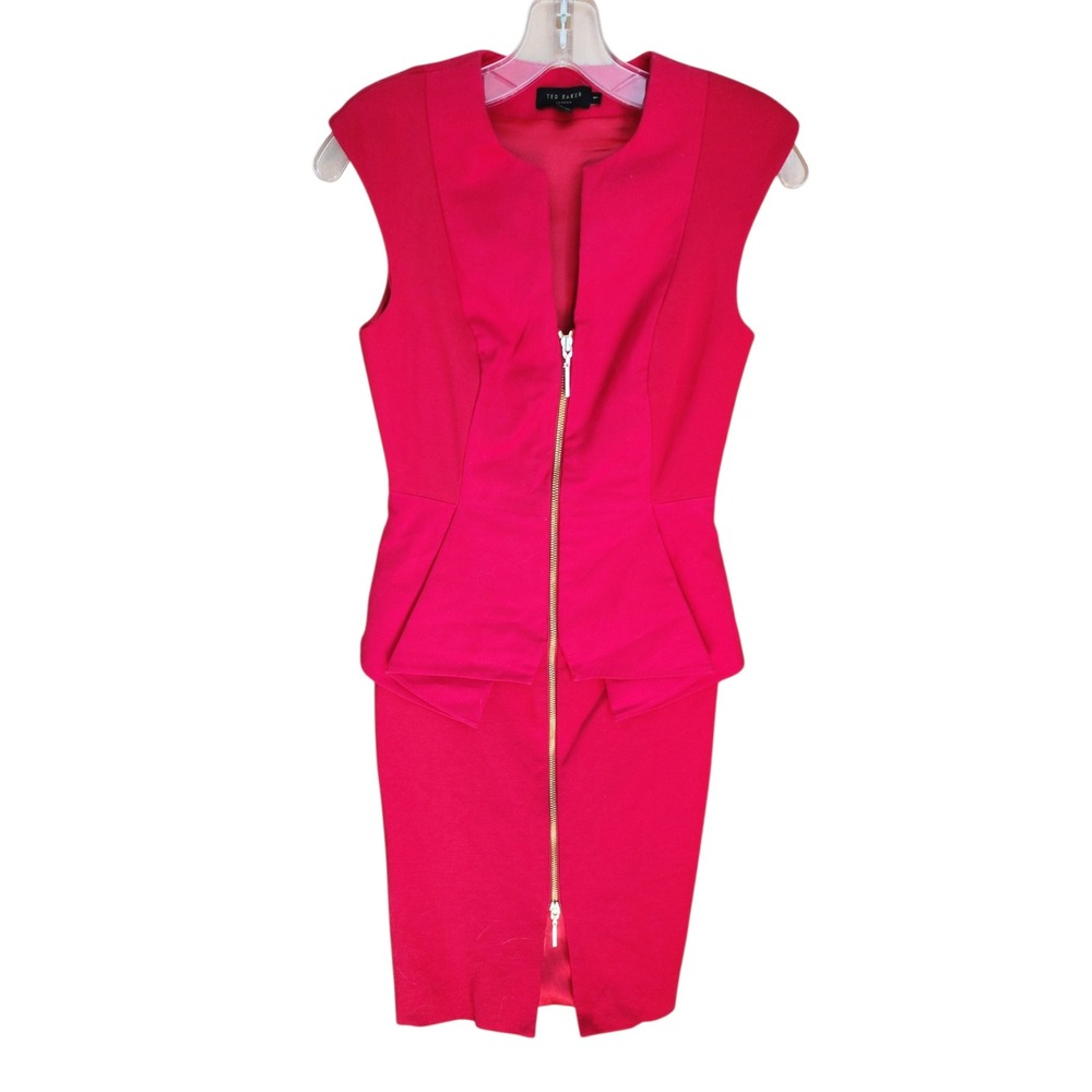 Ted Baker Kwyli Red Peplum Sheath Dress Gold Zip Front Cap Sleeve Size XS - Picture 4 of 8